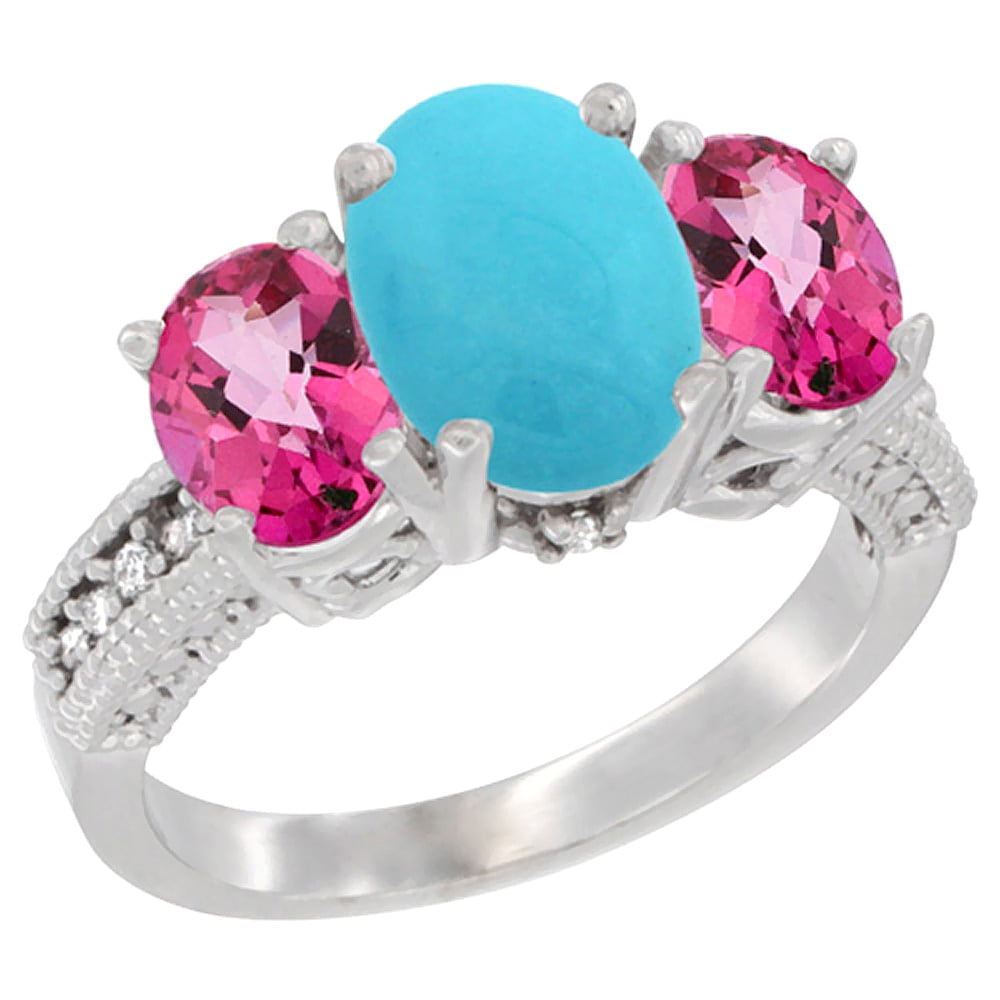 14K White Gold Diamond Natural Turquoise Ring 3-Stone Oval 8x6mm with Pink Topaz, sizes5-10 by WorldJewels