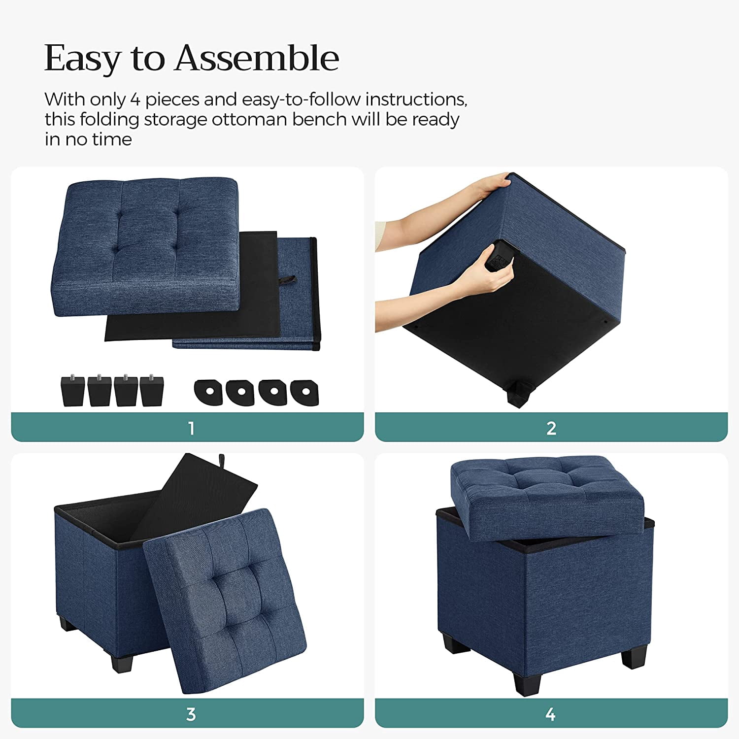 SONGMICS Storage Ottoman, 15" Padded Folding Bench, Chest with Lid, Navy Blue