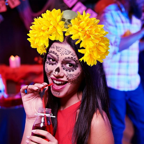 Adorno de calavera de Halloween para los muertos, aros para el pelo del Festival de fantasmas, diademas de rosas teñidas del Festival de fantasmas, diadema de flores para fiestas de festivales