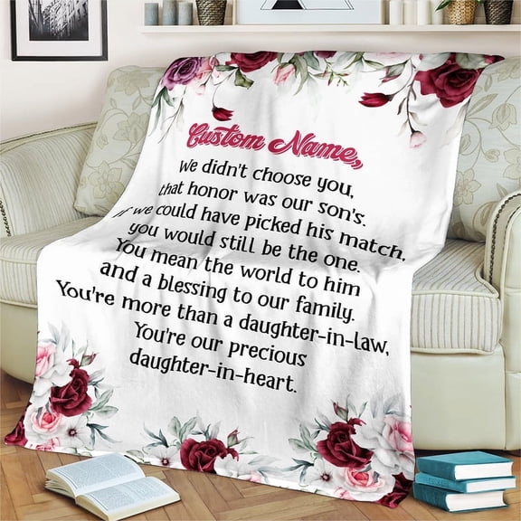 Custom Name Blanket for Daughter-in-Law – Personalized Floral Throw, Gift from Mother & Father-in-Law, Daughter-in-Heart Blanket - Fleece-50x60