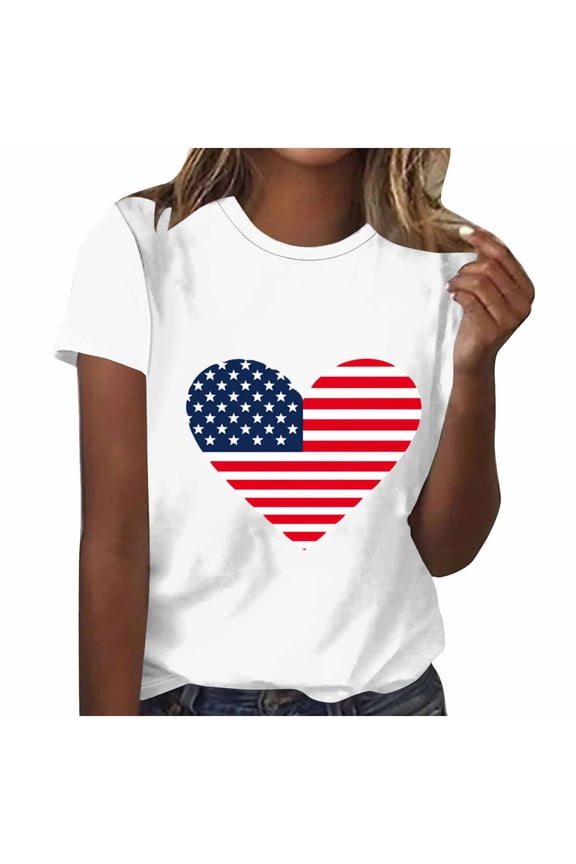 Women's Crewneck Pullover Tops Independence Day Graphic Tee Casual Stars ans Stripes T Shirt 5XL