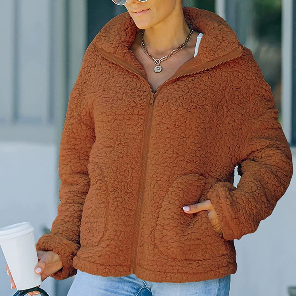 Veste Femme Fausse Fourrure Sherpa - Manteau Doudoune Court Zippé - Chaud Et Décontracté Hiver