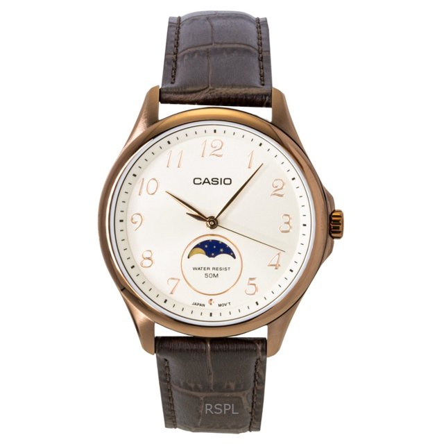 Casio Standard Analog Moon Phase Leather Strap Ivory Dial Quartz MTP-M110RL-5AV Men's Watch