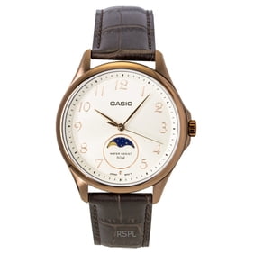 Casio Men&rsquo;s Moon Phase Rose Gold Brown Leather Watch - MTP-M110RL-5AVDF