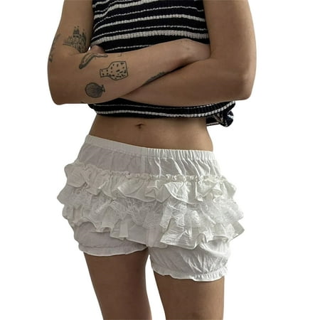 Douhoow Women White Bloomers Ruffle Lace Trim Pumpkin Pants Layered Bottoms Shorts Sweet Pettipants