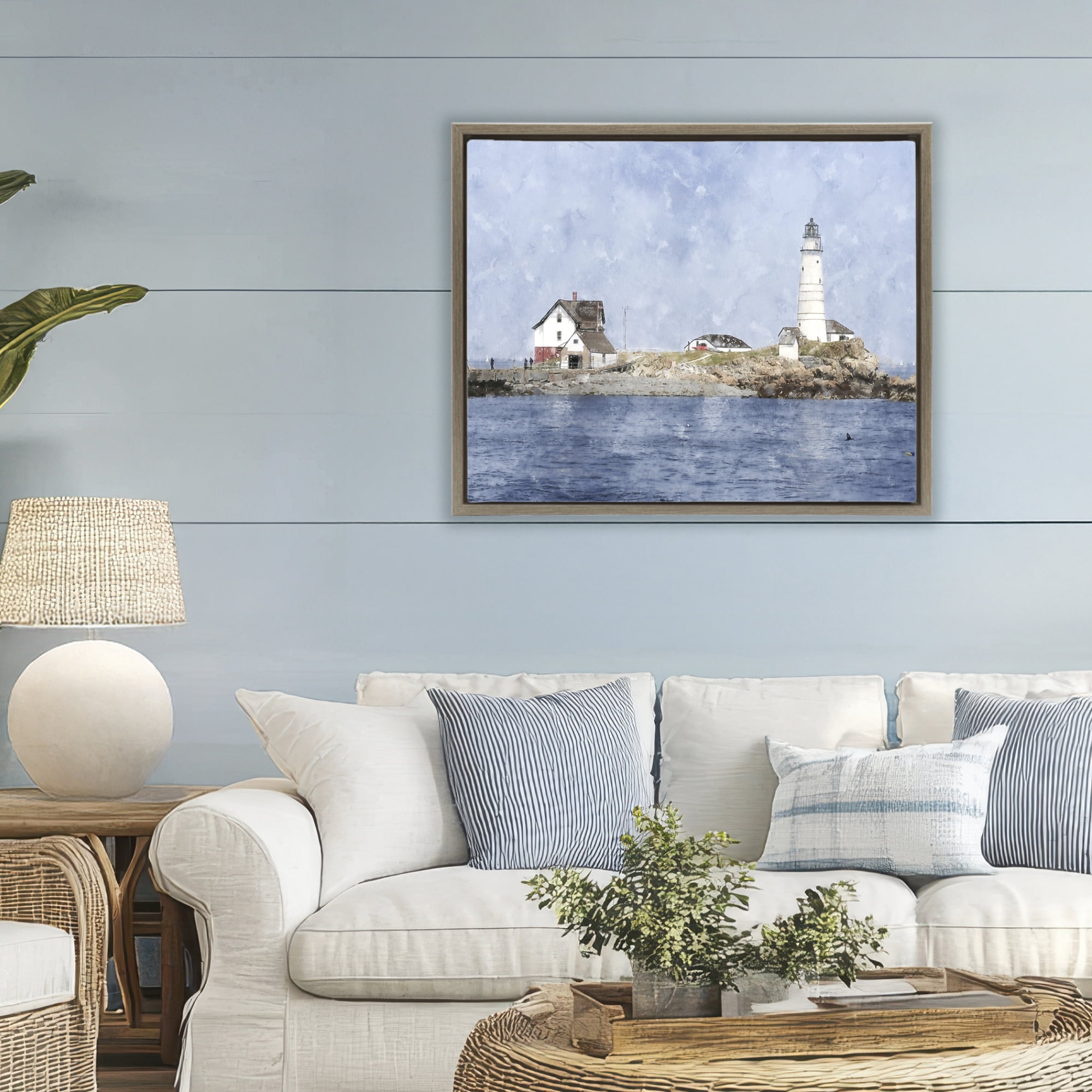 Stupell Industries Picturesque Lighthouse Island Brown Framed Floater Canvas Wall Art, design by Kim Curinga