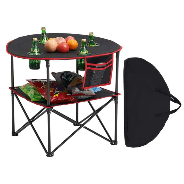 VEVOR Folding Portable Camping Table Oxford Outdoor Picnic RoundTable 4 Cup Holders