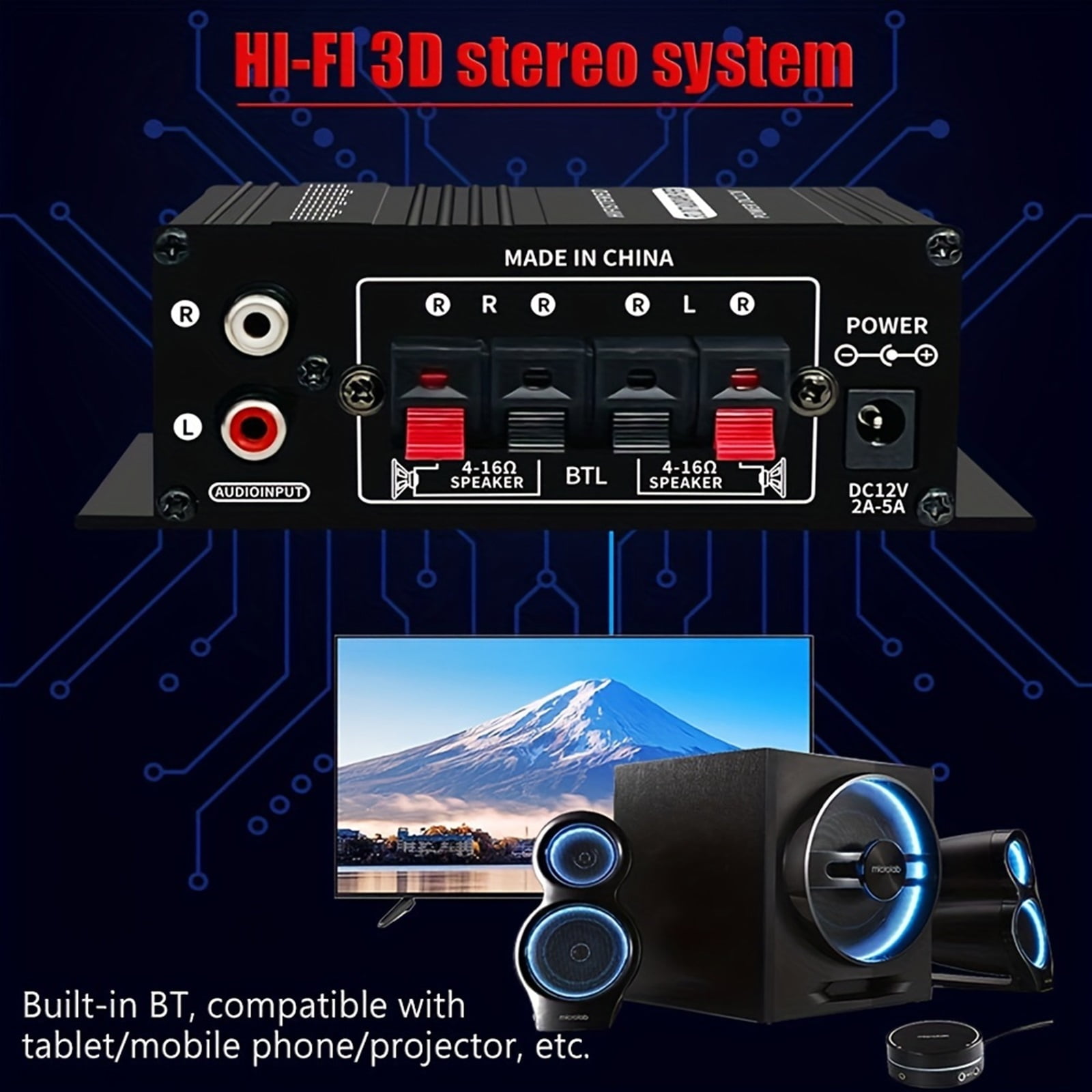 400W MINI Power Amplifier Channel 2.0 With BT HIFI Stereo Sound Amp Bass Trebl For Home/Car/RV/Yacht Theater Sound System