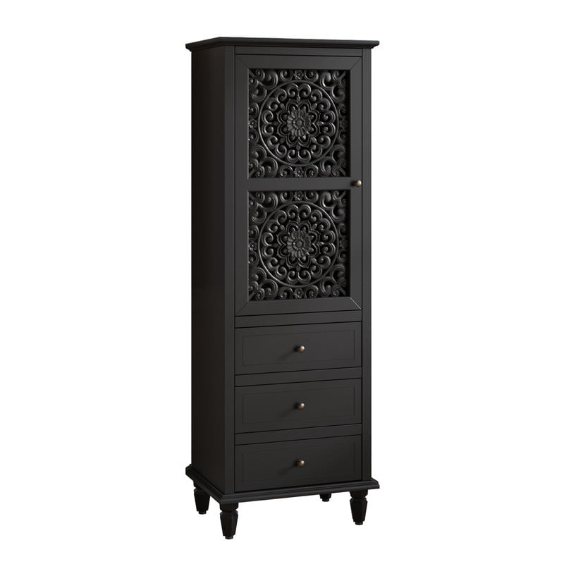 Vintage Storage Cabinet with Carved Door & 3 Drawers, Freestanding Decorative Sideboard, Display Cabinet with Adjustable Shelf