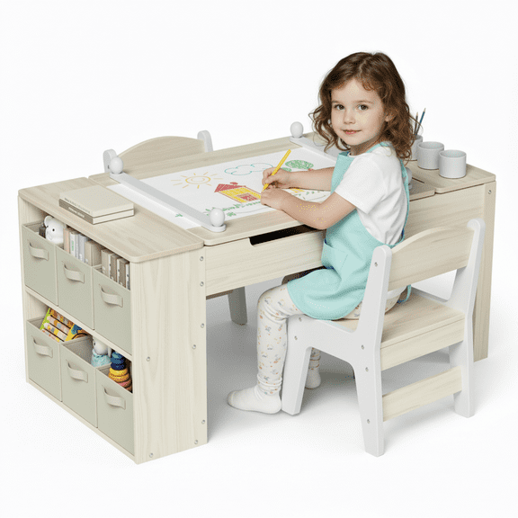 TLSUNNY Kids Art Table and 2 Chairs Set, Toddler Activity Desk with Storage Bins, Paper Roll, Paint Cups, Wooden Craft Table and Chairs Set for Boys & Girls