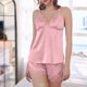 thumbnail image 4 of Mujeres Seda Pijamas Conjunto de Pantalones Cortos Cuello en V Encaje Recorte Superior con Pantalones Cortos Elásticos Ropa de Dormir, Pijama Suave Conjunto para las Mujeres, 4 of 7