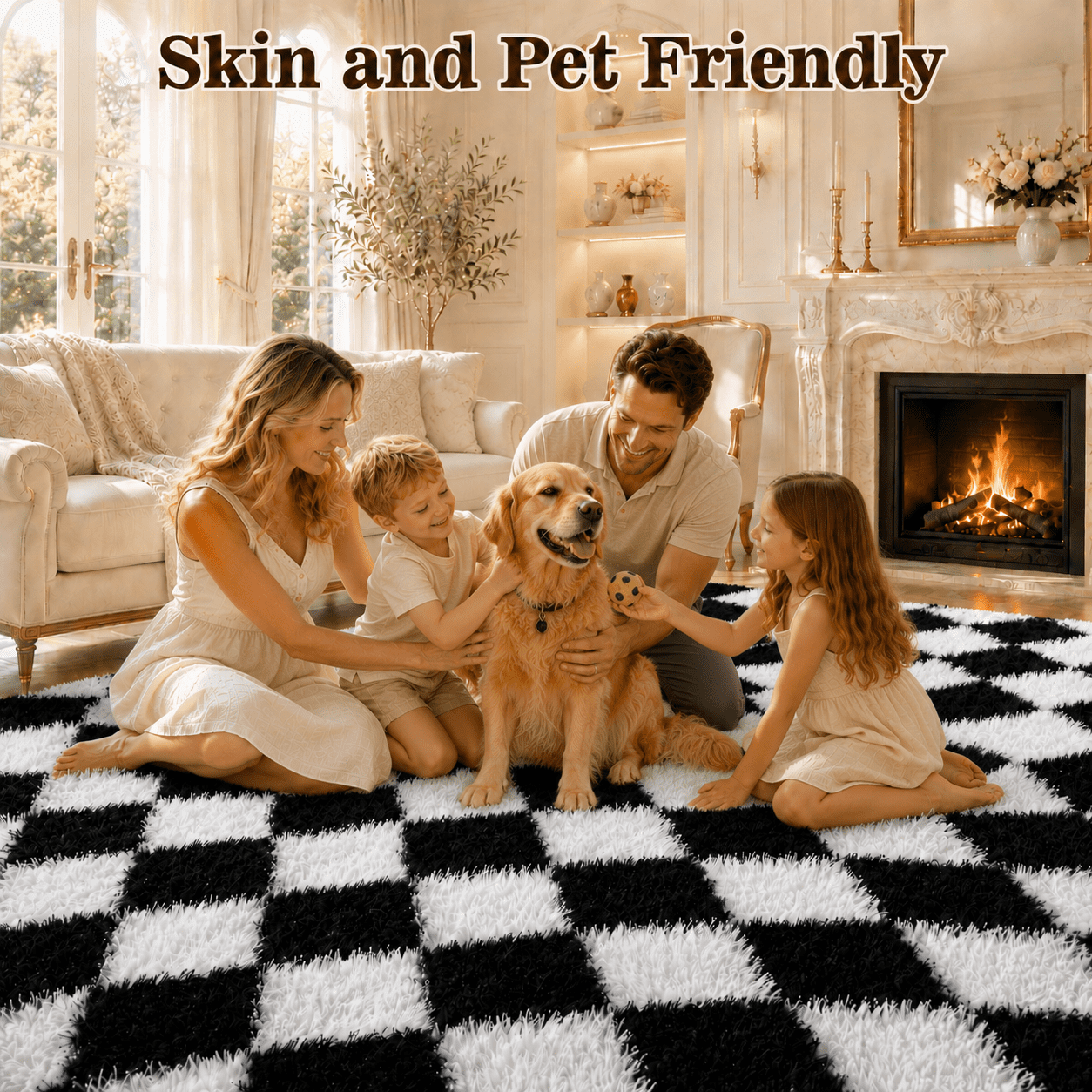 ZRSDIXK 8x10 Area Rugs for Living Room, Soft Fluffy Bedroom Rugs, Checkered Carpet, Black & White