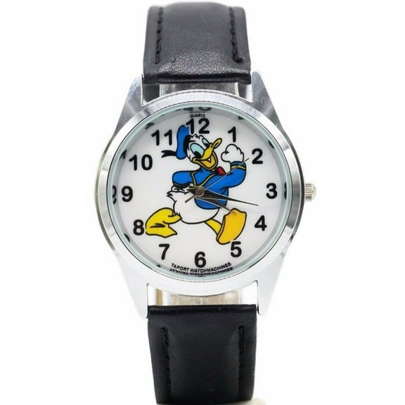 Donald Duck Cartoon Character Black Leather Band Wrist Watch