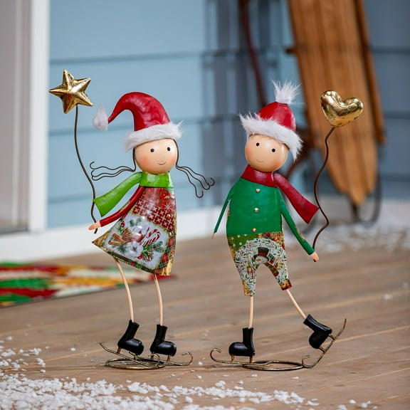 Christmas Vacation Garden Statue, Metal Statue, Ice Skating Friends, 20"H, Asst of 2