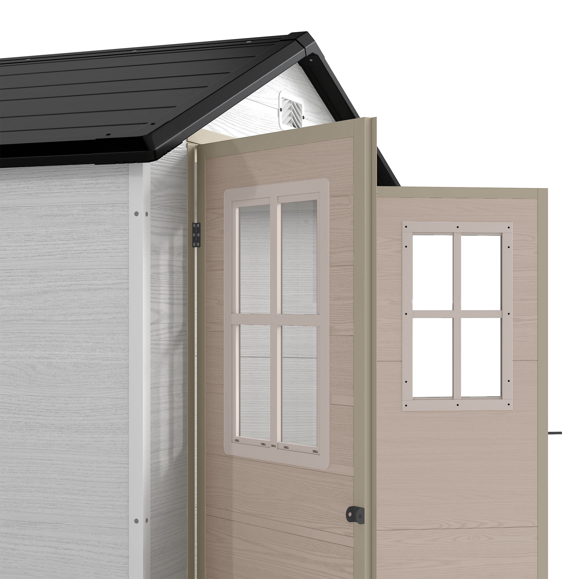 Uforic 6x4.4 FT Double-Wall Resin Outdoor Storage Shed, Plastic Garden Tool Shed with 2 Windows & Lockable Door, Waterproof Storage House for Lawn Mower, Backyard Patio Lawn, Greige & Gray