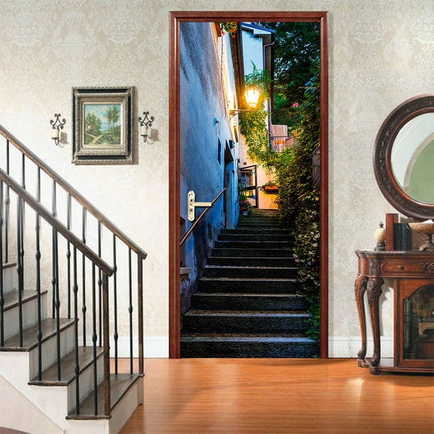 (77x200cm,Vista nocturna del edificio) Etiqueta de la puerta Efecto Trompe l'oeil 3D Interior PVC Pegatinas de pared para decoración de la pared Sala de estar Cocina Dormitorio Baño Papel pintado