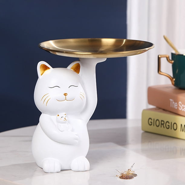 Bandeja De Almacenamiento De La Estatua Del Gato De La Suerte Glückskatzen-Statue aus Harz, Aufbewahrungstablett, Ornamente, Katzenfiguren, Heimdekoration