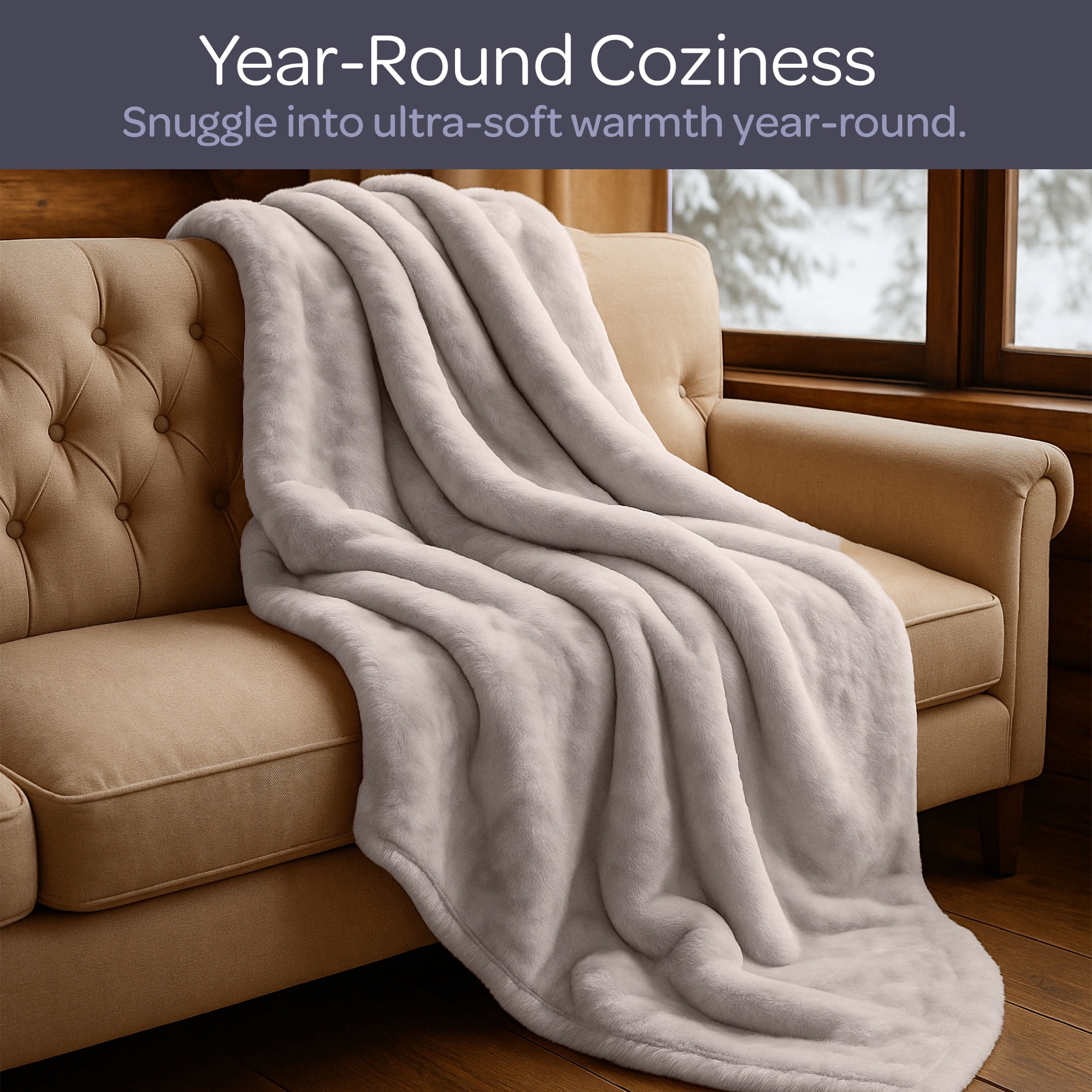 Somerset Home Mink Faux Fur Blanket - 91x81 Washable Bedding or Throw, Beige