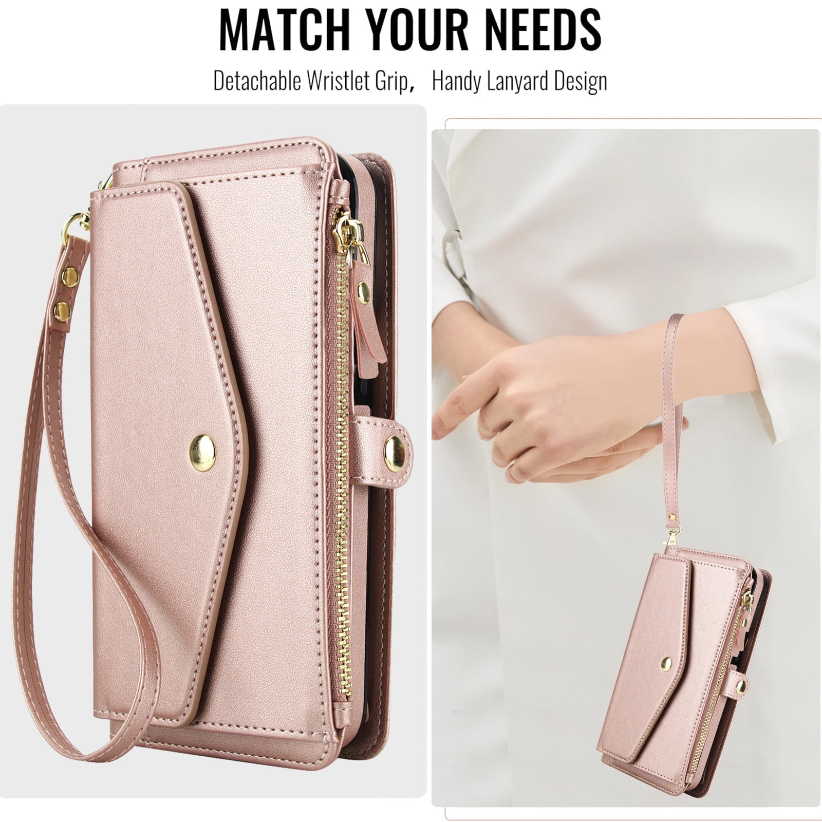 Designed for Google Pixel 8 Multi-Function Wallet Phone Case,With Shoulder Strap&Wrist Strap,Cash Pocket&Card Slots,Zipper Purse,Magnetic Detachable PU Leather Flip Phone Case,Rosegold
