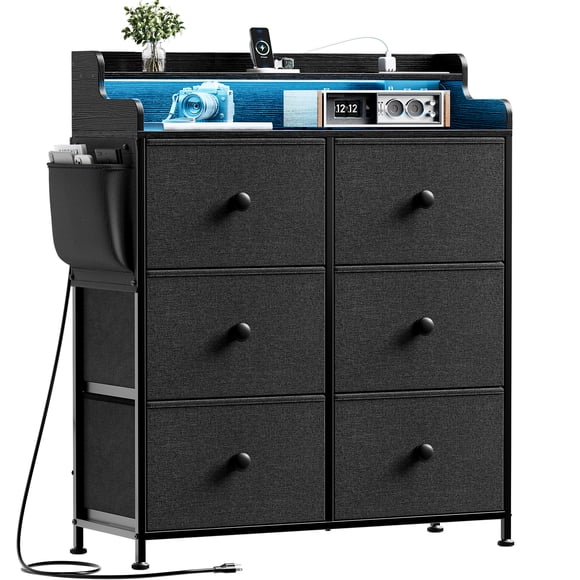 Comoda Cajonera para Recamara - 6 Cajones De Tela con Parte Superior de Madera y Marco De Acero Plegable - Mueble Organizador con cajonera para Ropa - Luces LED - Estación de Carga