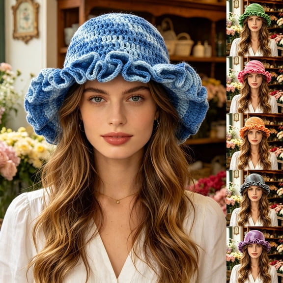 jiaxiM Packable Straw Bucket Hat for Women Elegant Wide Brim Sun Hat with Dip-Dye and Lace Ruffle, Handmade Visor for Beach, Travel and Outdoor Events