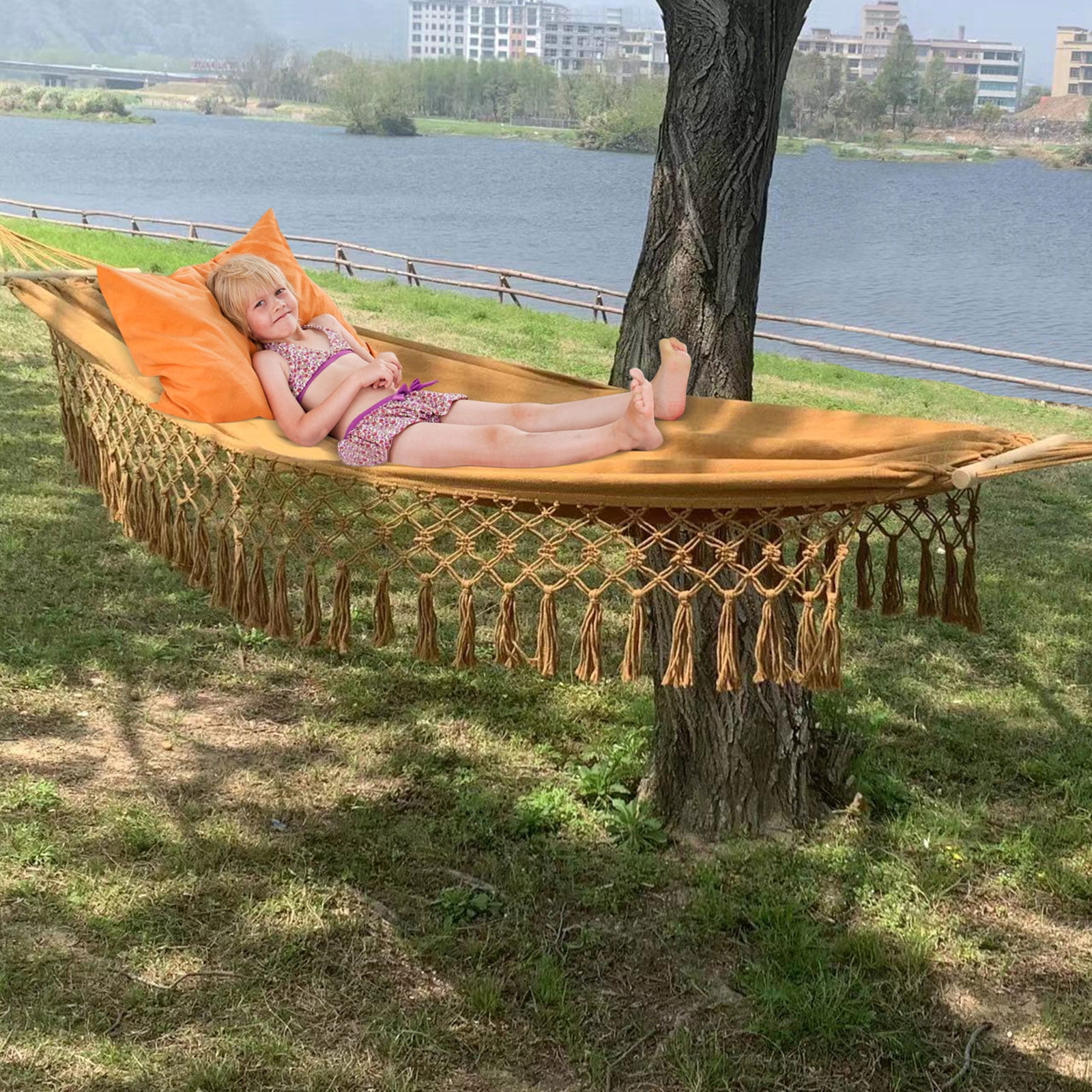 Portable Hammock Boho Tassel Nest Hammock Camping Double Hanging Swing Bed Suitable for Yard, Beach, Backyard, Garden (Camel)