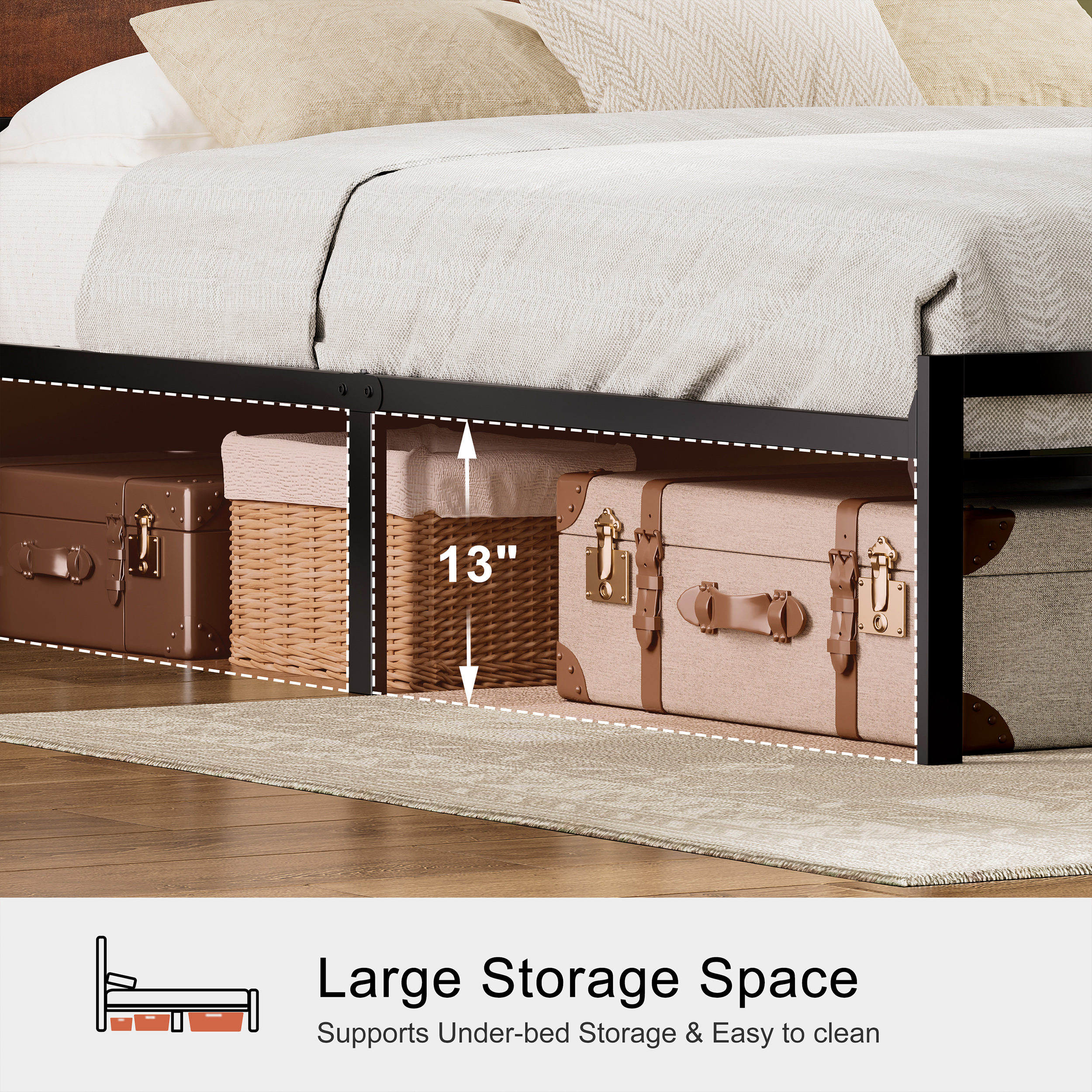 GUNAITO Full Size Bed Frame with Headboard Metal Platform Bed with LED Lights and Charging Station, Rustic Brown
