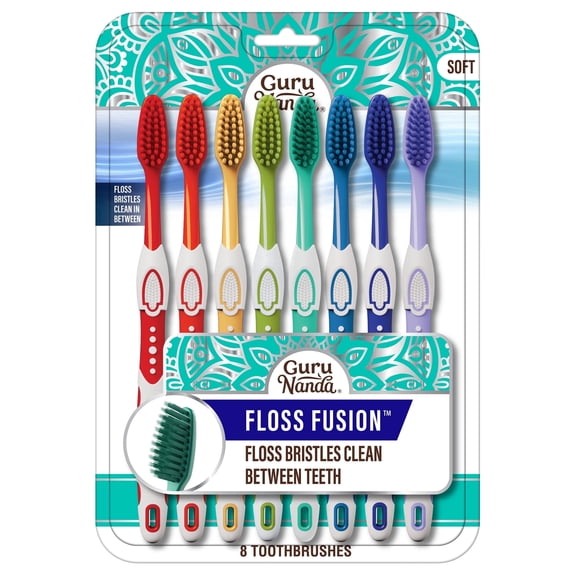 GuruNanda Floss Fusion Toothbrush with Soft Flossing Bristles - Value Pack of 8