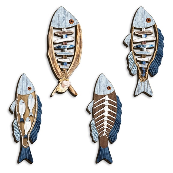 4Pcs Wooden Marine Wall Decorations Handcrafted 3D Fish Sculptures for Farmhouses Bathroom