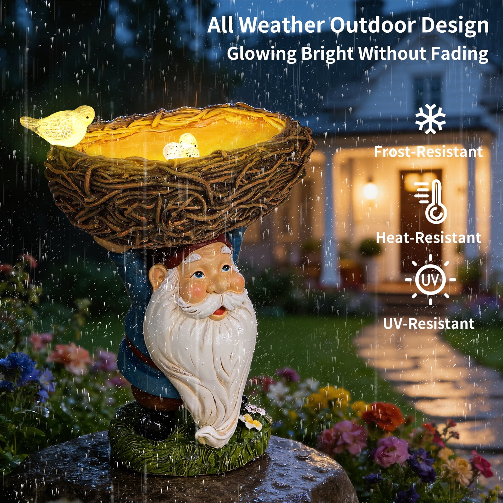 DAK Solar Garden Gnome Statue with Bird Feeder & LED Light, 9" Resin Outdoor Gnome with Nest Bowl, Waterproof UV Resistant