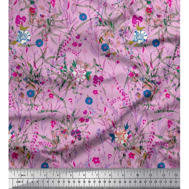 Soimoi Pink Georgette Viscose Fabric Leaves & Floral Decor Fabric Printed BTY 42 Inch Wide