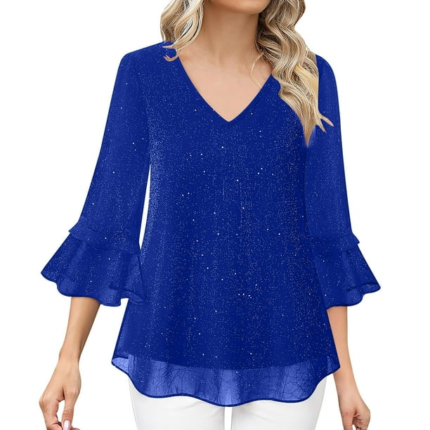 Ounisa Womens Ruffle 3/4 Sleeve V Neck Double Layers Mesh Blouses Loose Fit Flowy Tunic Tops