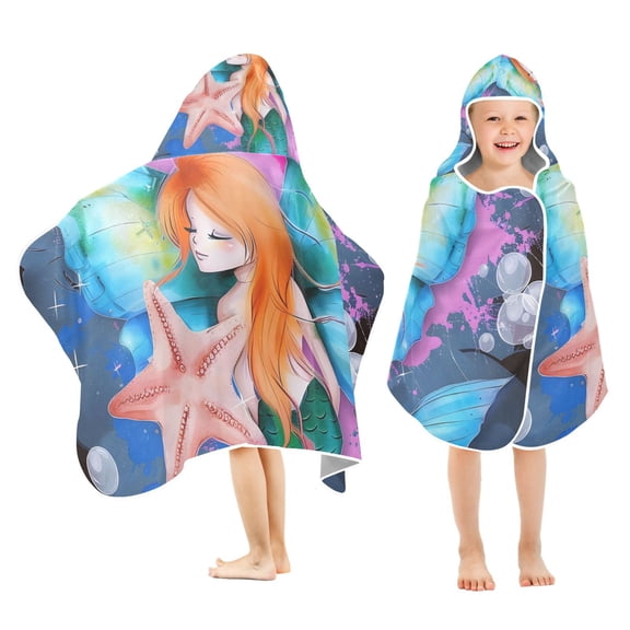 Cute Mermaid Girl Kids Hooded Beach Towel Baby Bath Poncho Towels with Hood Absorbent 50"x23.5" for Pool Swimming