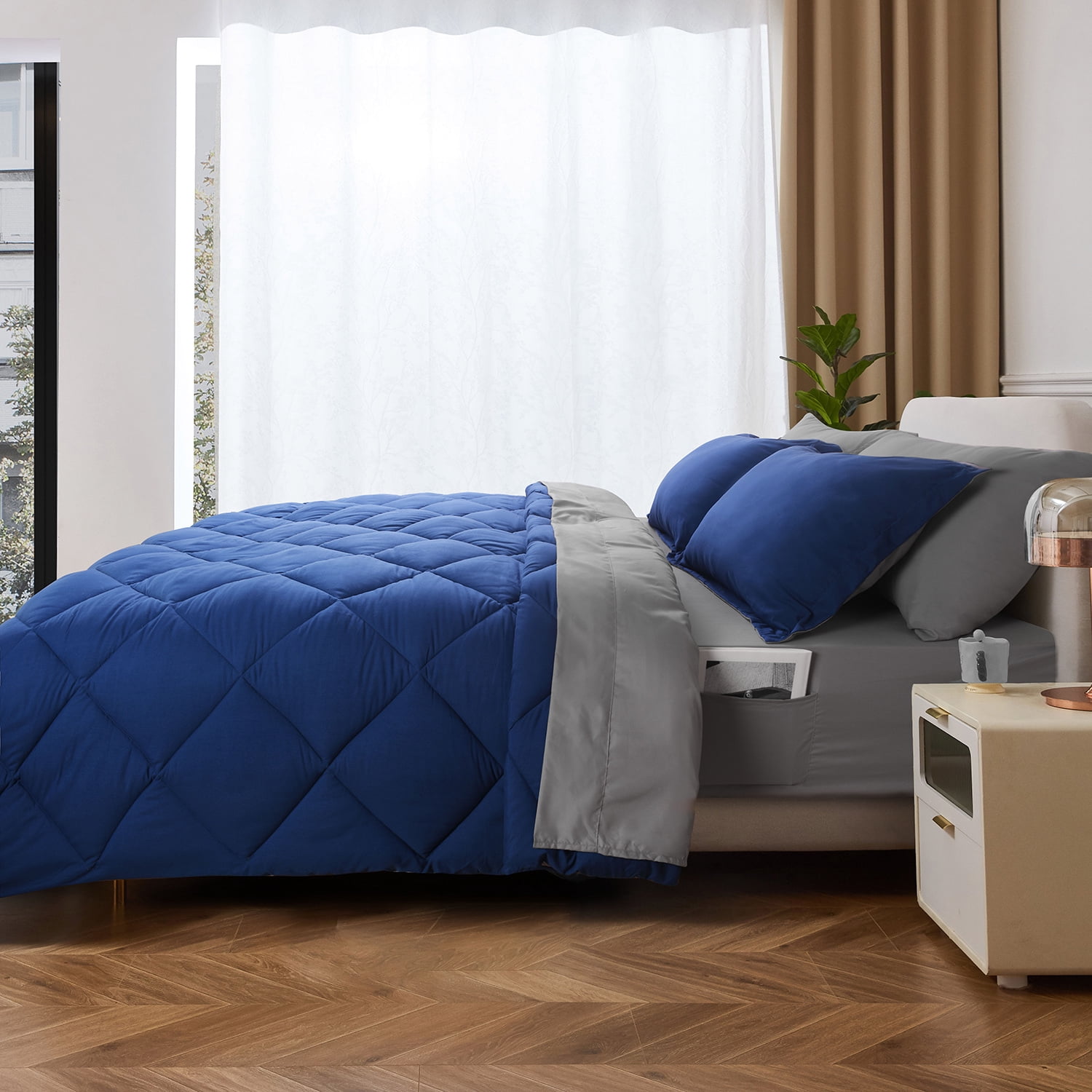 HIG 7 Piece Reversible Full Comforter Set - Navy Quilted Down Alternative Bedding All Season Super Soft Microfiber Bed in a Bag Includes Sheets Pillowcases Shams