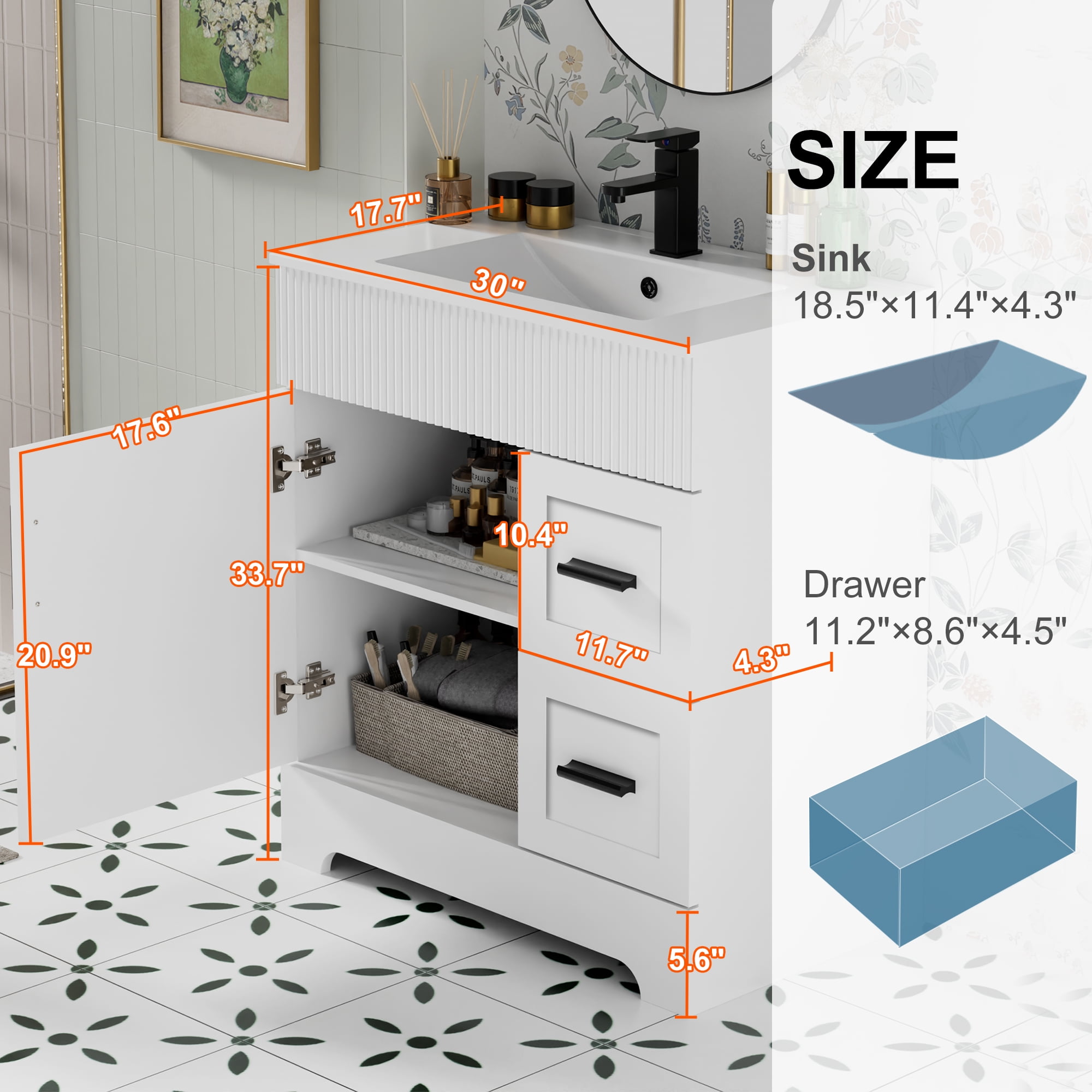 30" Single Bathroom Vanity with Integrated Sink Top, Water Saving Faucet