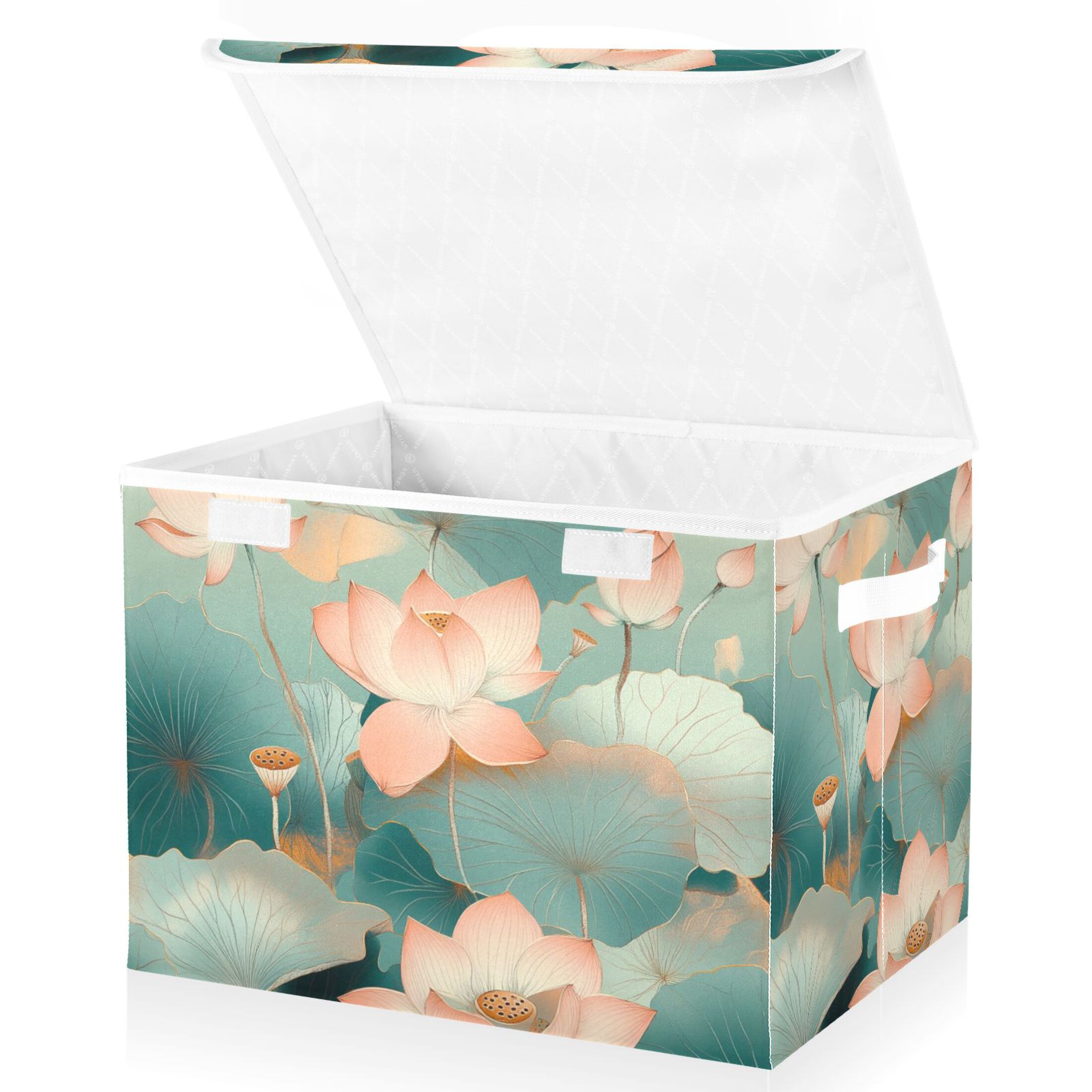 Green Lotus Picture Large Storage Bins with Linen Collapsible Lid Storage Box 16.7 x 12.6 x 11.8in