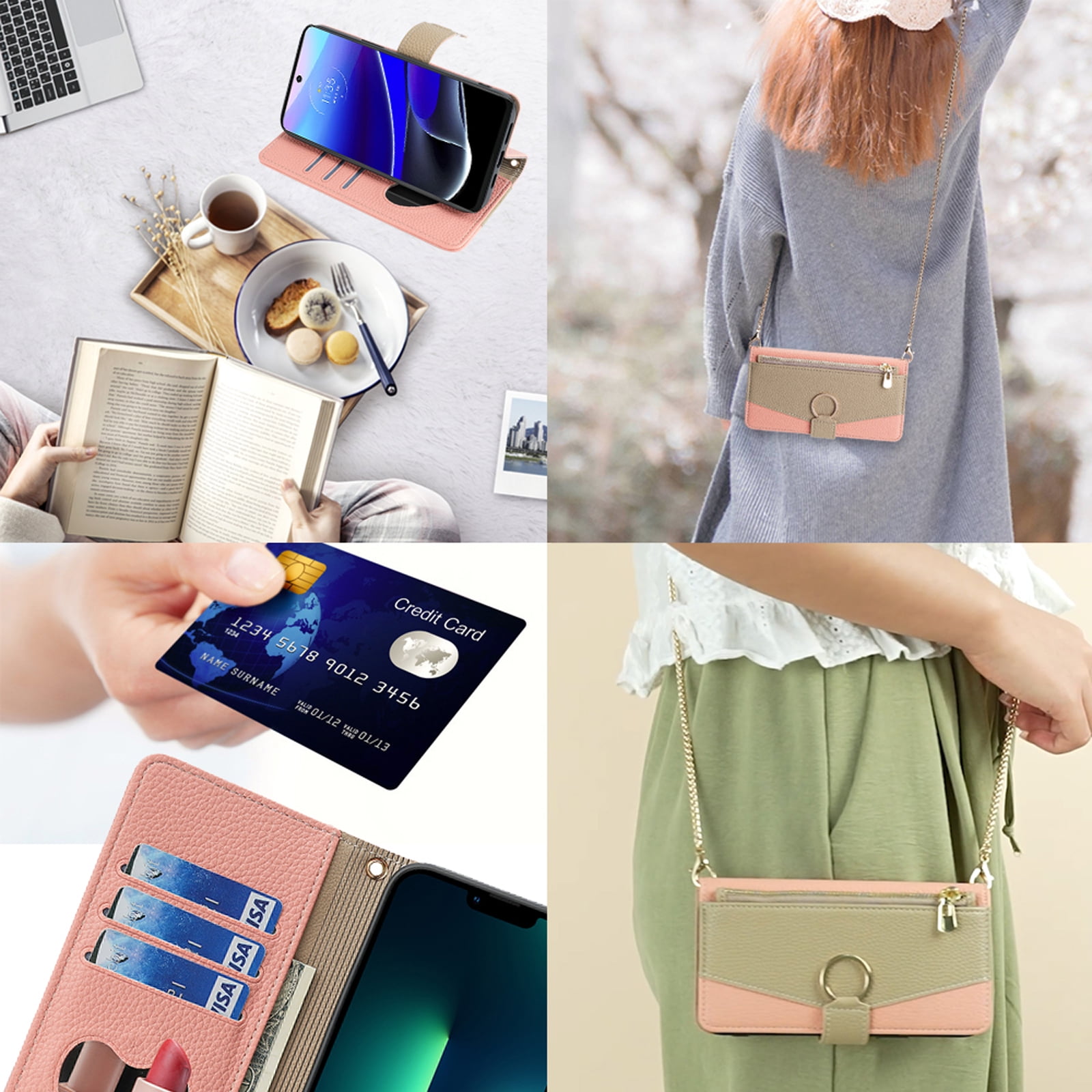 Phone Case for Samsung Galaxy S26 Ultra Zipper Wallet Cover with Make-up Mirror, Flip Cover PU Leather Ring Card Holder Kickstand Crossbody Strap Chain Cell Phone Case Cover for S26 Ultra, Pink