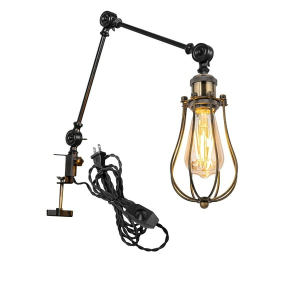 Kiven Dimmable Clamp Light for Shelf, 1-Light Bronze Vintage clip on light with Flexible Swing Arm, 8.2FT Plug in Cord, Decorative Clamp Lamp for Office Bedside Bookshelf E26 Sokcet DZ0006
