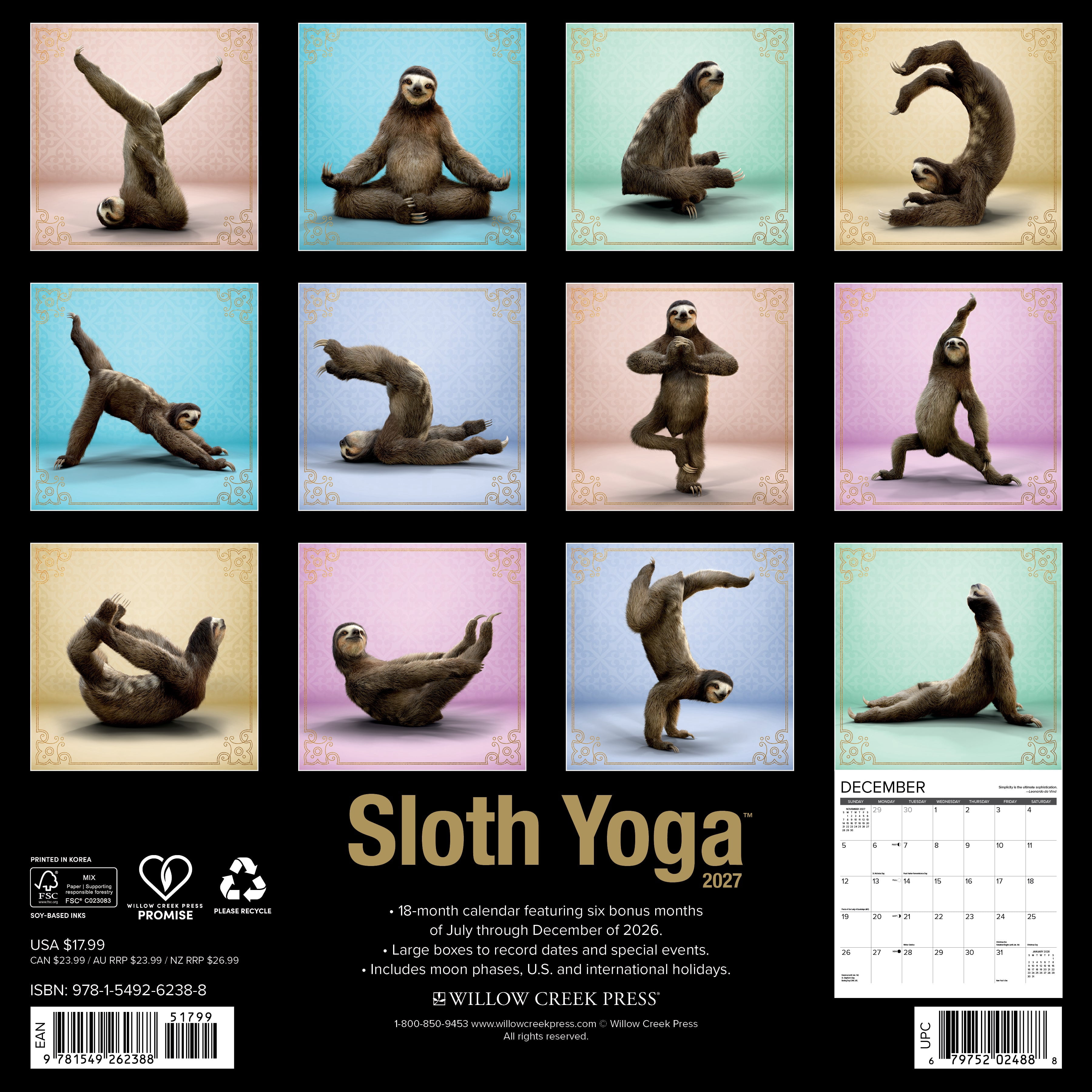 Willow Creek Press, Sloth Yoga 2027 Wall Calendar