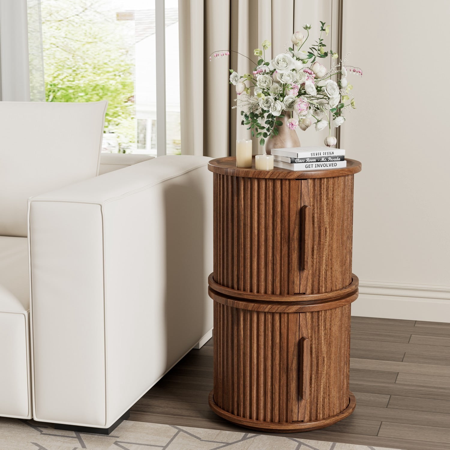 Set of 2 Round Coffee Tables with Sliding Door Storage, Modern Walnut Nesting Side Tables, Fluted Roman Column Accent End Tables & Nightstands for Living Room, Bedroom