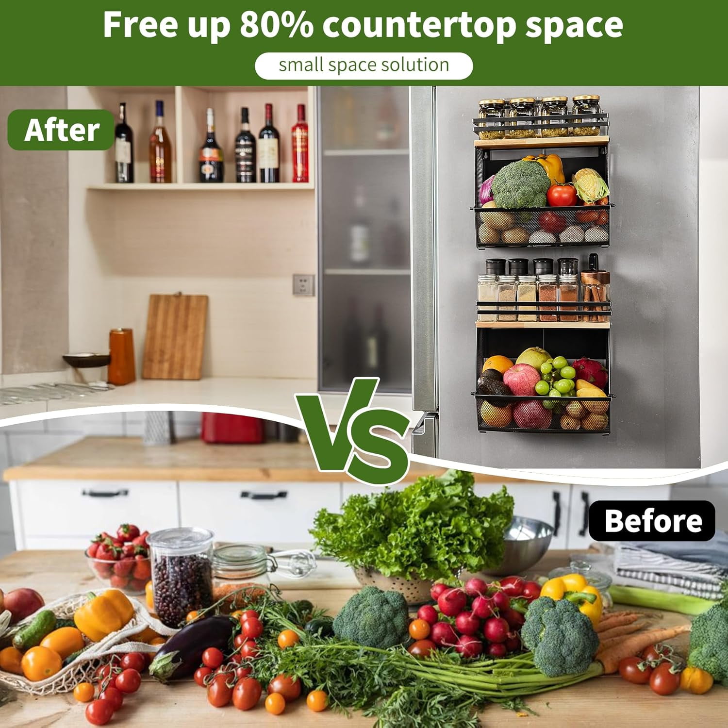 2 Pack Magnetic Shelf for Fridge with Wood Lid, Large Container Magnetic Fruit Basket Spice Rack, Potato Onion Storage Organizer Magnetics Shelves for Refrigerator, Kitchen Counter, Pantry