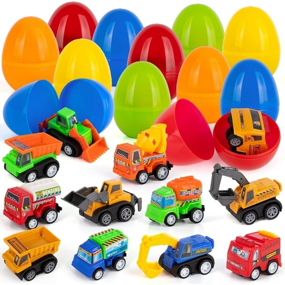 ArtCreativity 12-pack Pre-Filled Easter Eggs with Pullback Construction Vehicles – Fun Surprise Toys for Kids Ages 3 , Perfect for Egg Hunts & Baskets