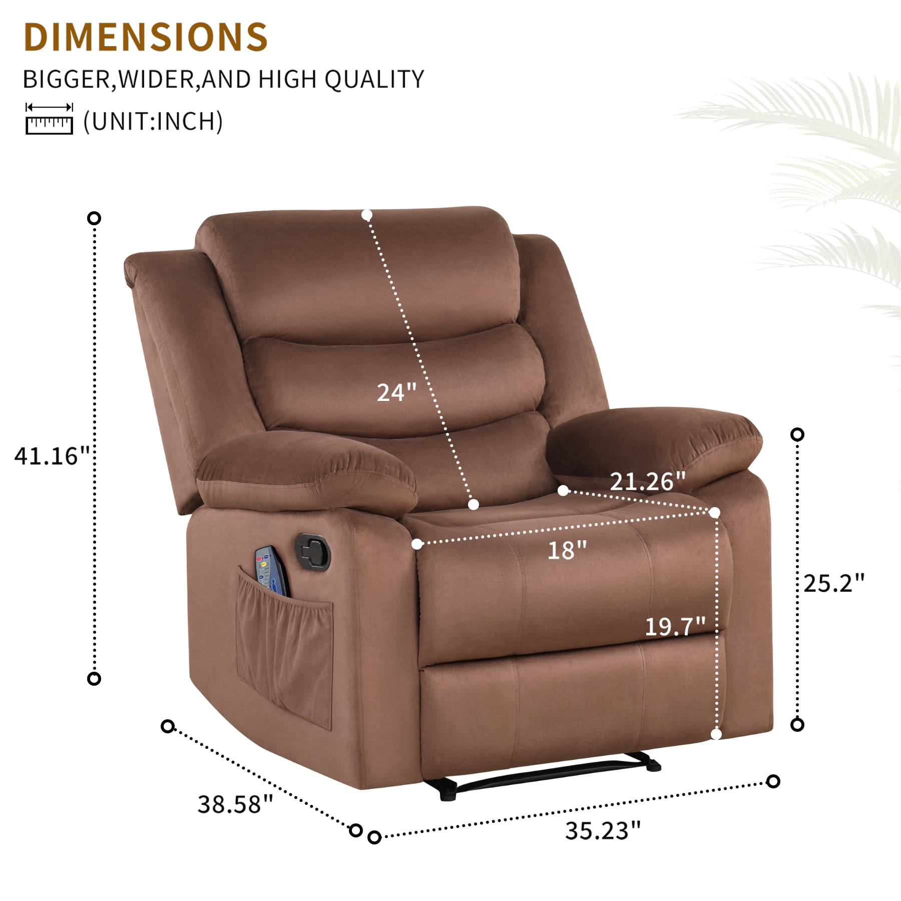 Bonzy Home Modern Comfort Reclining Chair, Breathable Fabric Recliner Chairs with Massage & Heating, Brown