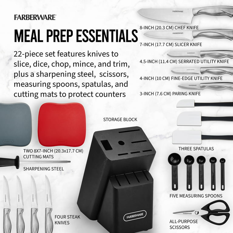  Farberware 22-Piece Never Needs Sharpening Triple Rivet  High-Carbon Stainless Steel Knife Block and Kitchen Tool Set, Black :  Everything Else