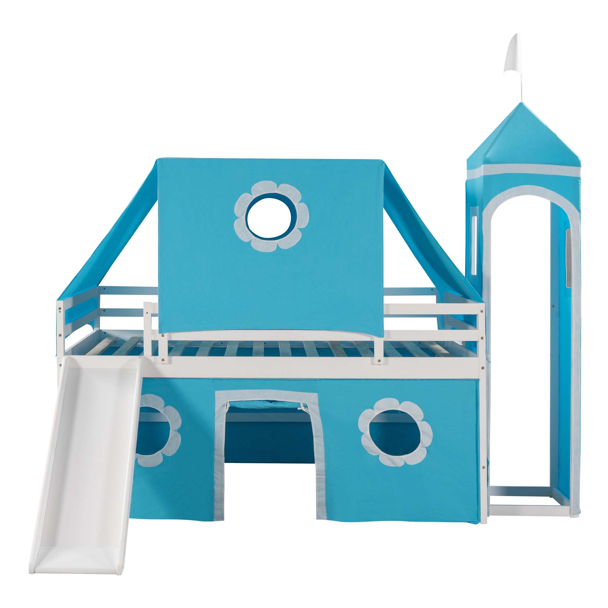 Aukfa Loft Bed with Slide - Full Size Low Castle Bed with Tent and Tower for Kids,Wood - Blue