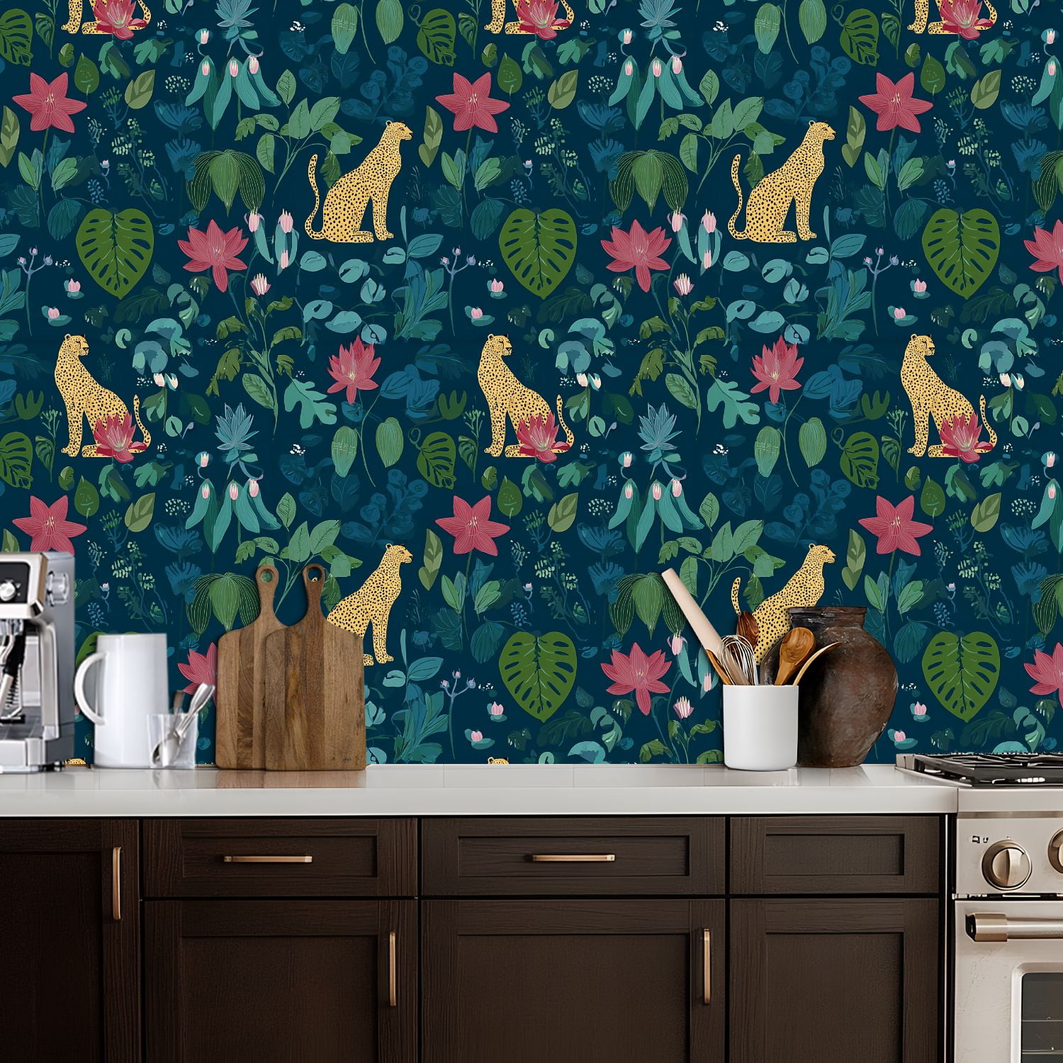 Cheetah Peel and Stick Wallpaper 17.7in x 9.8ft Leopard Tropical Flowers Greenery Dark Contact Paper Vinyl Waterproof Self Adhesive Wall Paper for Bedroom Shelf Cabinet Renter Friendly