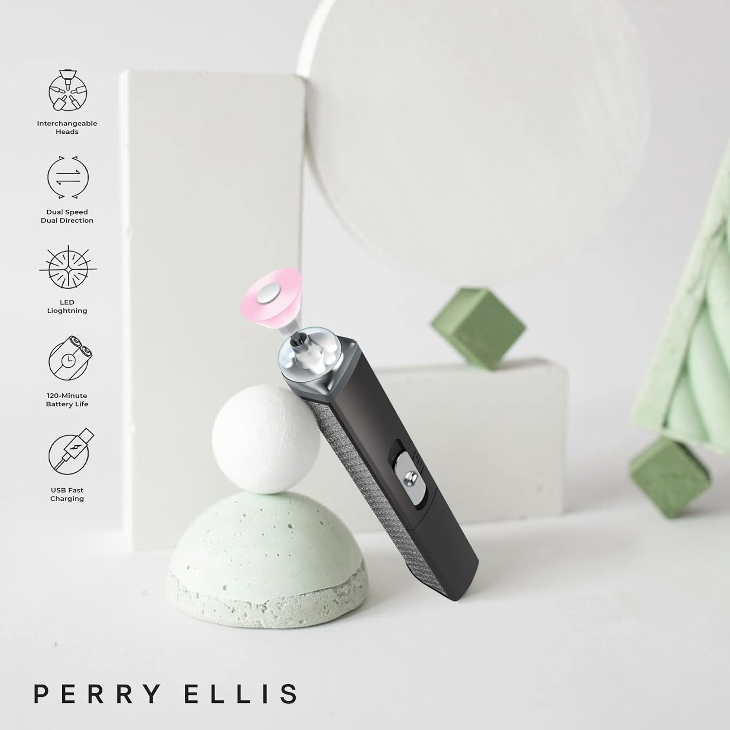 Perry Ellis Cordless Electric Nail File w/ LED Light | USB Rechargeable Handle w/ 5 Interchangeable Heads