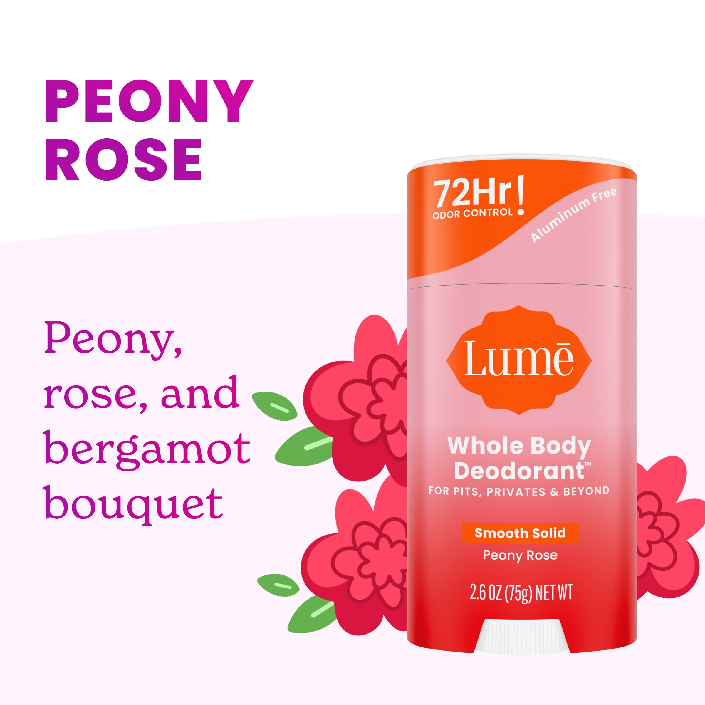 Lume Whole Body Deodorant Solid Stick - 72 Hour Odor Control - Aluminum Free, Baking Soda Free and Skin Safe - Peony Rose, 2.6oz (2 Pack)