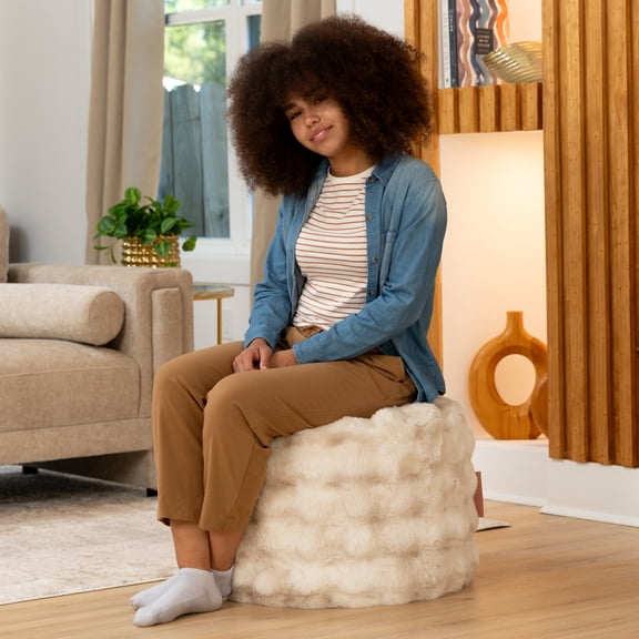 Raven Round Ottoman Accent Pouf by Raven-Symoné Home - Faux Fur Phantom Cream