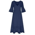 thumbnail image 6 of qolati Cotton Linen Dresses for Women 2023 Summer Plus Size V Neck Ruffle 3/4 Sleeve Boho Dress Eyelet Slim Fit Ruffle Hem Beach Maxi Dress, 6 of 7